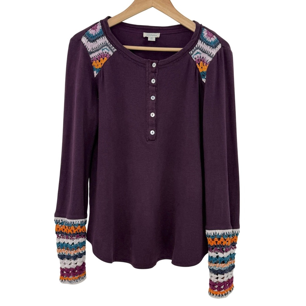 Sundance Womens Size XS Purple Long Sleeve Henley Shirt Crochet Trim Boho‎